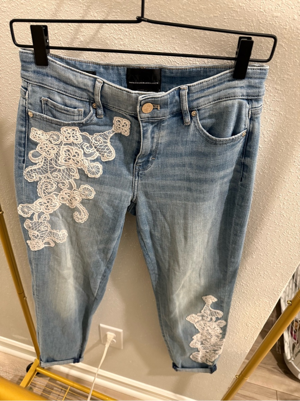White House Black Market Light Blue Embroidered Boyfriend  Crops Jeans